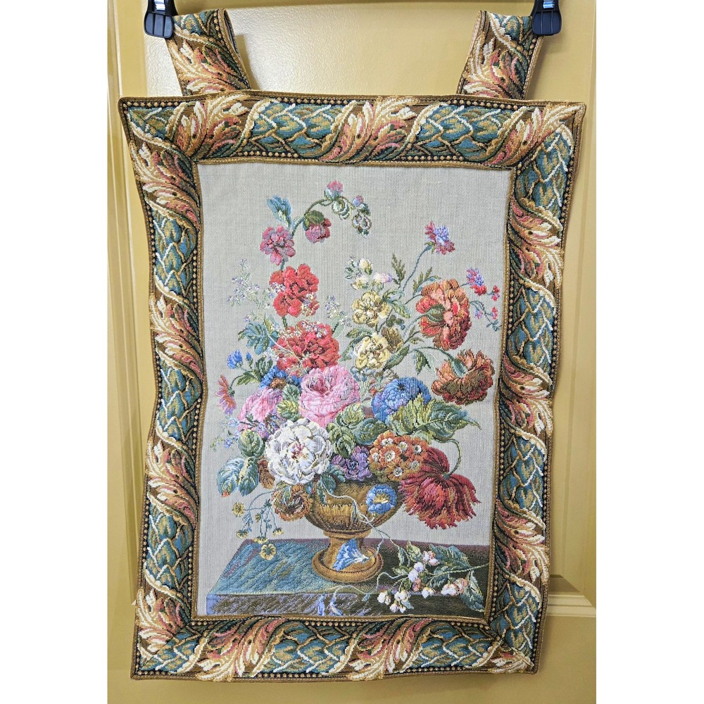 Vtg Metrax Belqium Floral Tapestry Wall Hang Vase Bouquet Gobelin Jacquard Art